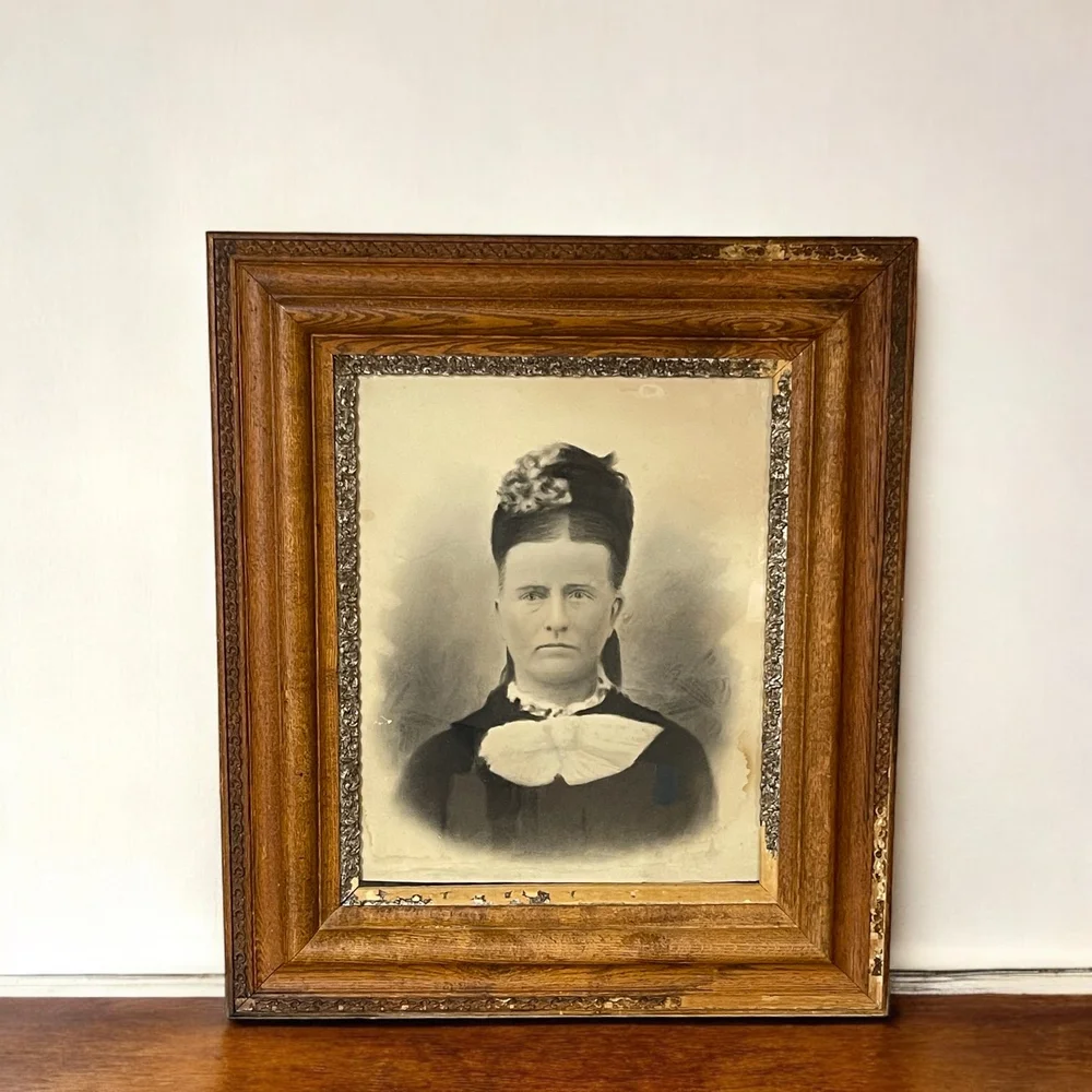 Victorian Era 1800s Antique Portrait of a Woman in Ornate Wooden